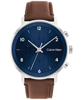 Мужские часы с коричневым кожаным ремешком 44 мм Calvin Klein