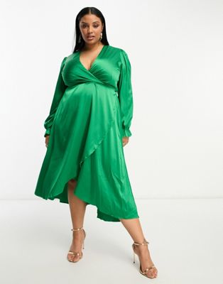 Зеленое атласное платье с длинными рукавами и запахом AX Paris Plus AX Paris