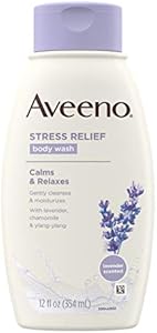 Aveeno Stress Relief Body Wash with Soothing Oat, Lavender, Chamomile & Ylang-Ylang Essential Oils, Dye- & Soap-Free Calming Body Wash for Shower Gentle on Sensitive Skin, 12 fl. oz Aveeno