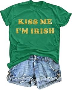 St Patricks Day Shirt Women: Kiss Me I'm Irish Letter Shirts Lucky Irish Shamrock T Shirt Paddy's Day Glitter Tee Tops Myhalf