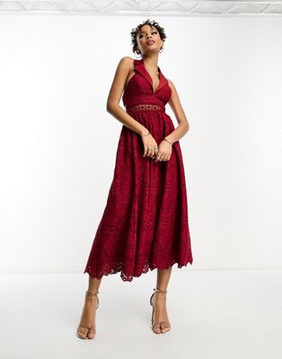 Бордовое платье миди с кружевным воротником и открытой спиной ASOS DESIGN ASOS DESIGN