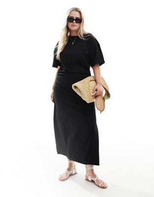 Черное платье-футболка мидакси с круглым вырезом и рюшами по бокам ASOS DESIGN Curve ASOS Curve