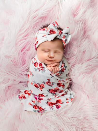 для новорождённых для фотографий с цветочным принтом с запахом Одеяло & Ободок для волос SHEIN