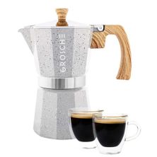 GROSCHE Milano Stone Stovetop Espresso Coffee Maker and TURIN Glass Espresso Cup Set Grosche