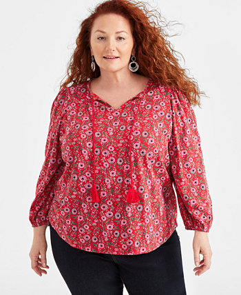 Plus Size Printed Tassel-Tie Long-Sleeve Blouse, Created for Macy's Style & Co