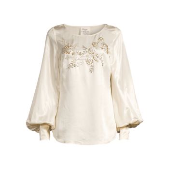 Beaded Floral &amp; Balloon-Sleeve Blouse Hope for Flowers
