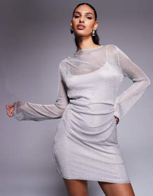 Rare London metallic knit flared sleeve mini dress in silver  Rare