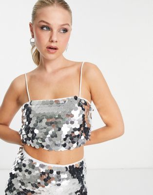 Collective the Label exclusive strappy disc sequin crop top in silver - part of a set Collective The Label