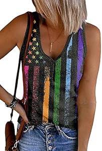 Womens American Flag Button V-Neck Tank Coloful Printed Sleeveless Patriotic Shirts Summer Tops Earlymemb