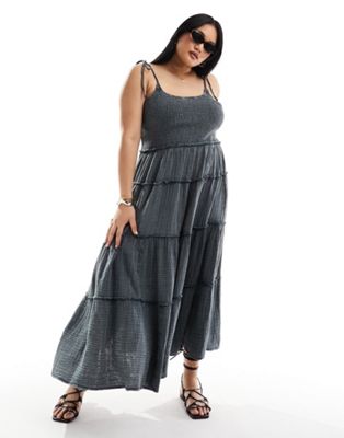 COLLUSION Plus double cloth shirred tiered cami maxi sun dress in washed blue Collusion