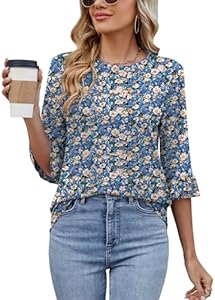 Poetsky Women's 3/4 Sleeve Tops Casual Crew Neck T Shirts Spring Summer Loose Ruffle Tunic Blouses Poetsky