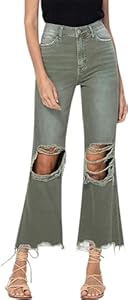 VERVET by Flying Monkey Distressed Cropped Flare Jeans Olive High-Waist Vervet