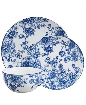Набор столовой посуды из 12 предметов с синим цветком, сервиз на 4 персоны Godinger