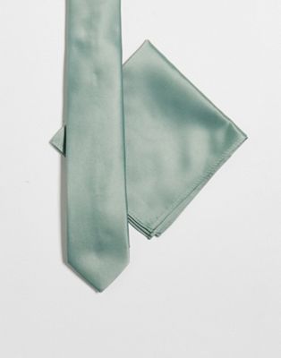 Узкий атласный галстук и нагрудный платок ASOS DESIGN зеленого шалфейного цвета ASOS DESIGN