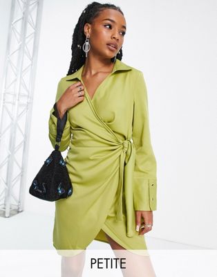Extro & Vert Petite wrap front mini dress in olive  Extro & Vert Petite