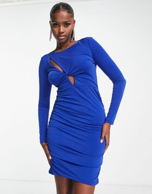 Облегающее мини-платье с длинными рукавами и вырезом Trendyol синего кобальта TRENDYOL