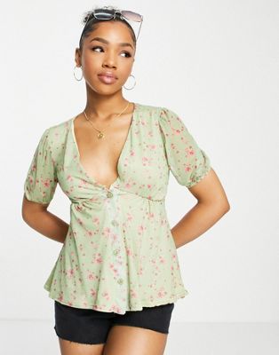 Блуза с пышными рукавами и пуговицами спереди In The Style x Perrie Sian, лаймовый цветочный принт In The Style