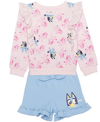 Toddler and Little Girls 2-Piece Long Sleeve Top and Shorts Set Bluey