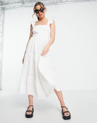  Белое ярусное платье миди с открытой спиной и оборками на бретелях New Look New Look