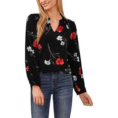 Floral Long Sleeve Smocked Shoulder V-Neck Top CeCe