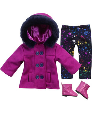 - 18" Doll - Fuchsia Pea coat, Star Print Leggings Ankle Boots Set, 3 Piece Teamson Kids