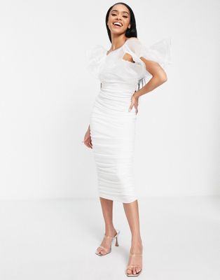 Белое платье миди на одно плечо со сборками и оборками ASOS LUXE ASOS Luxe