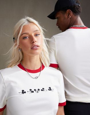 ASOS DESIGN Disney unisex muscle ringer t-shirt with Mickey Mouse faces prints in off white ASOS DESIGN