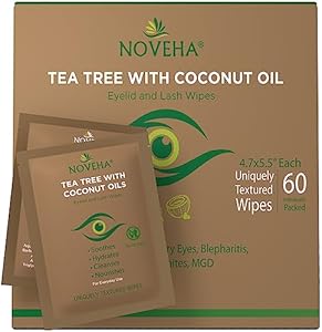 NOVEHA Tea Tree & Coconut Oil Eyelid & Lash Wipes | For Demodex, Blepharitis & Itchy Eyes, Box Of 60 Individually Wrapped Eyelash Wipes With Aloe Vera, Natural Makeup Remover & Daily Eye Cleanser NOVEHA