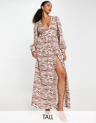 In The Style Tall x Yasmin Devonport exclusive maxi dress with thigh split in tan zebra In The Style Tall