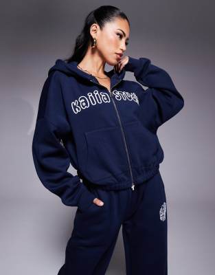 Kaiia Studio oversized bubble logo back print zip through hoodie in navy - part of a set Kaiia