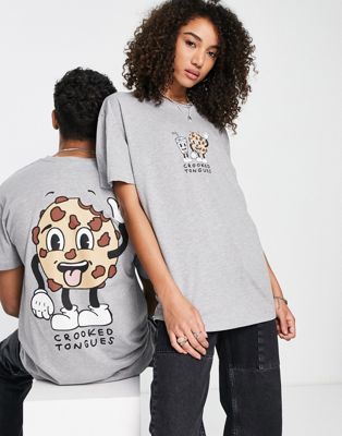 Серая футболка унисекс Crooked Tongues с графическим принтом печенья и логотипом на спине Crooked Tongues