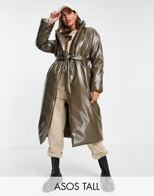 Коричневое удлиненное дутое пальто из искусственной кожи с поясом ASOS DESIGN Tall ASOS Tall