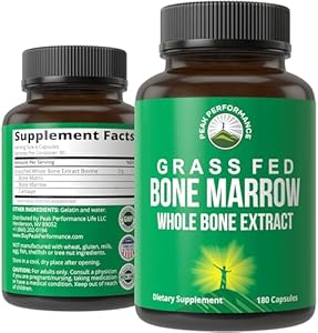 Peak Performance Grass Fed Bone Marrow - Whole Bone Extract Supplement 180 Capsules Superfood Pills Rich in Collagen, Vitamins, and Amino Acids. from Bone Matrix, Marrow, Cartilage. Ancestral Tablets Peak Performance