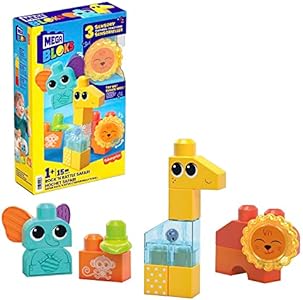 Mega BLOKS Fisher-Price Toddler Building Blocks Toy Set, Rock ‘n Rattle Safari with 15 Pieces, 3 Buildable Animals, Ages 1+ Years Mega