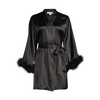 Noelle Satin Faux-Feather Trim Robe In Bloom
