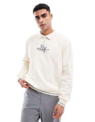 ASOS DESIGN oversized polo sweatshirt with NY print in beige ASOS DESIGN