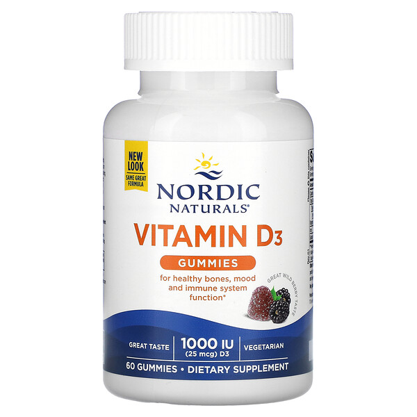 Витамин D3, жевательные конфеты, Вкус дикой ягоды, 25 мкг (1000 МЕ), 60 жевательных конфет - Nordic Naturals Nordic Naturals