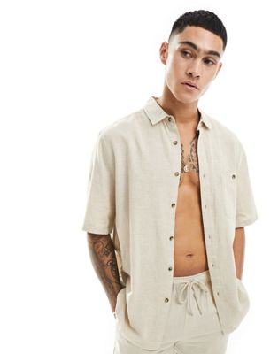 ASOS DESIGN relaxed linen blend shirt with square collar in beige ASOS DESIGN