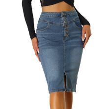 Women's Casual Jean Skirt High Waist Front Slit Stretch A-line Denim Skirts ALLEGRA K