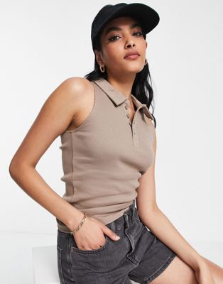 Dr Denim Lila sleeveless top with collar detail in taupe Dr Denim