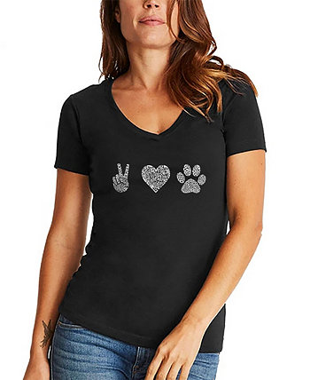 Женская футболка с v-образным вырезом Peace Love Dogs Word Art LA Pop Art