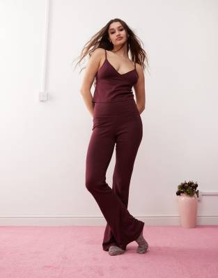 Monki mix and match flare jersey pajama yoga pants in burgundy Monki