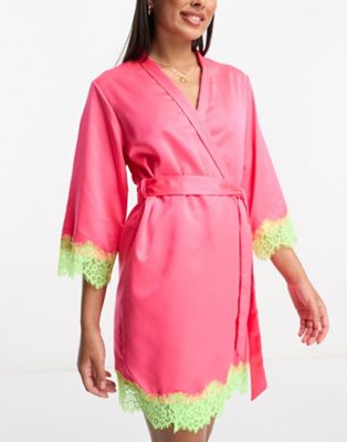 Уютный атласный халат ярко-розового цвета с неоновым кружевом Loungeable