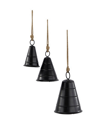 Черный металлический богемный декоративный коровий колокольчик с джутовой подвесной веревкой, набор из 3 предметов Rosemary Lane