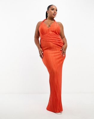 Оранжевое плиссированное платье макси с глубоким вырезом и воротником-хомутом ASOS DESIGN Curve ASOS Curve