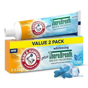 ARM & HAMMER Toothpaste Plus TheraBreath Breath Fresheners, Invigorating ICY Mint Flavor, Whitening Anticavity Fluoride Toothpaste for Bad Breath, 5.5 Oz (Pack of 2) Arm & Hammer