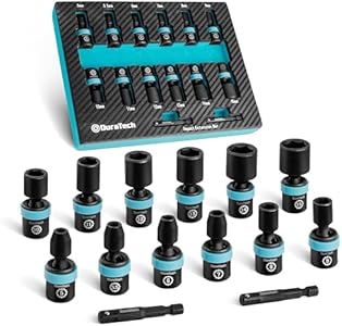 DURATECH 1/4" Drive Impact Universal Joint Socket Set, Swivel Socket Set, 16-Piece, Metric Impact Sockets (5-15 MM) with 2" Extension Bars, Cr-Mo Steel, Organized in EVA Foam Organizer Duratech