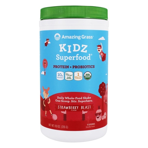 Kidz Superfood Protein + Пробиотики, Напиток со вкусом клубники - 15 порций - Amazing Grass Amazing Grass