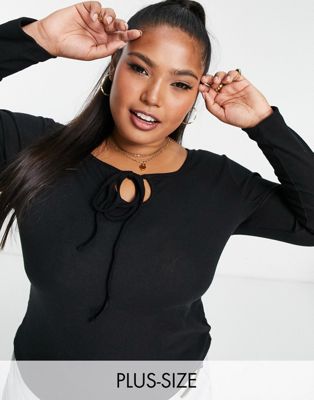 Simply Be cut out detail halter long sleeve top in black Simply Be