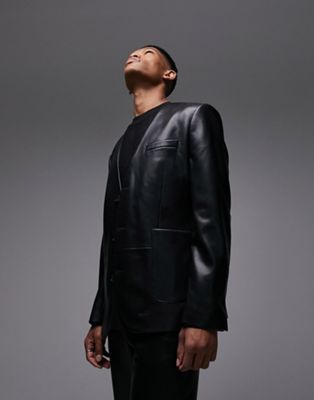 Черный пиджак оверсайз из искусственной кожи Topman TOPMAN